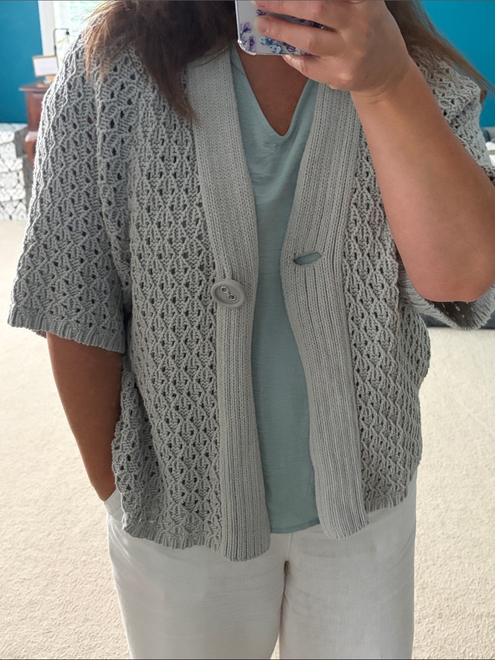 Liz Claiborne Light Gray Open-Weave Short Sleeve Cardigan in size large